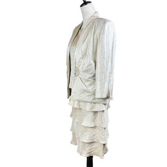 Jessica Howard Tan Gold Tiered Ruffle Sleeveless 2 Piece Jacket Formal Dress Set - Picture 2 of 16